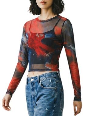 Y2k style Just Polly New York Blue Red mesh sheer long sleeve shirt maximalist